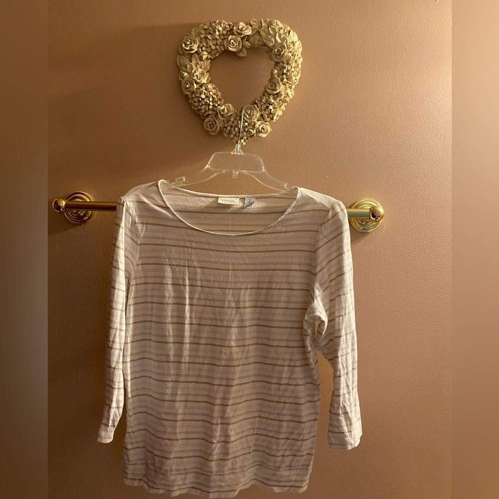 Chico’s WOMens Tan and White Striped Blouse Size:2